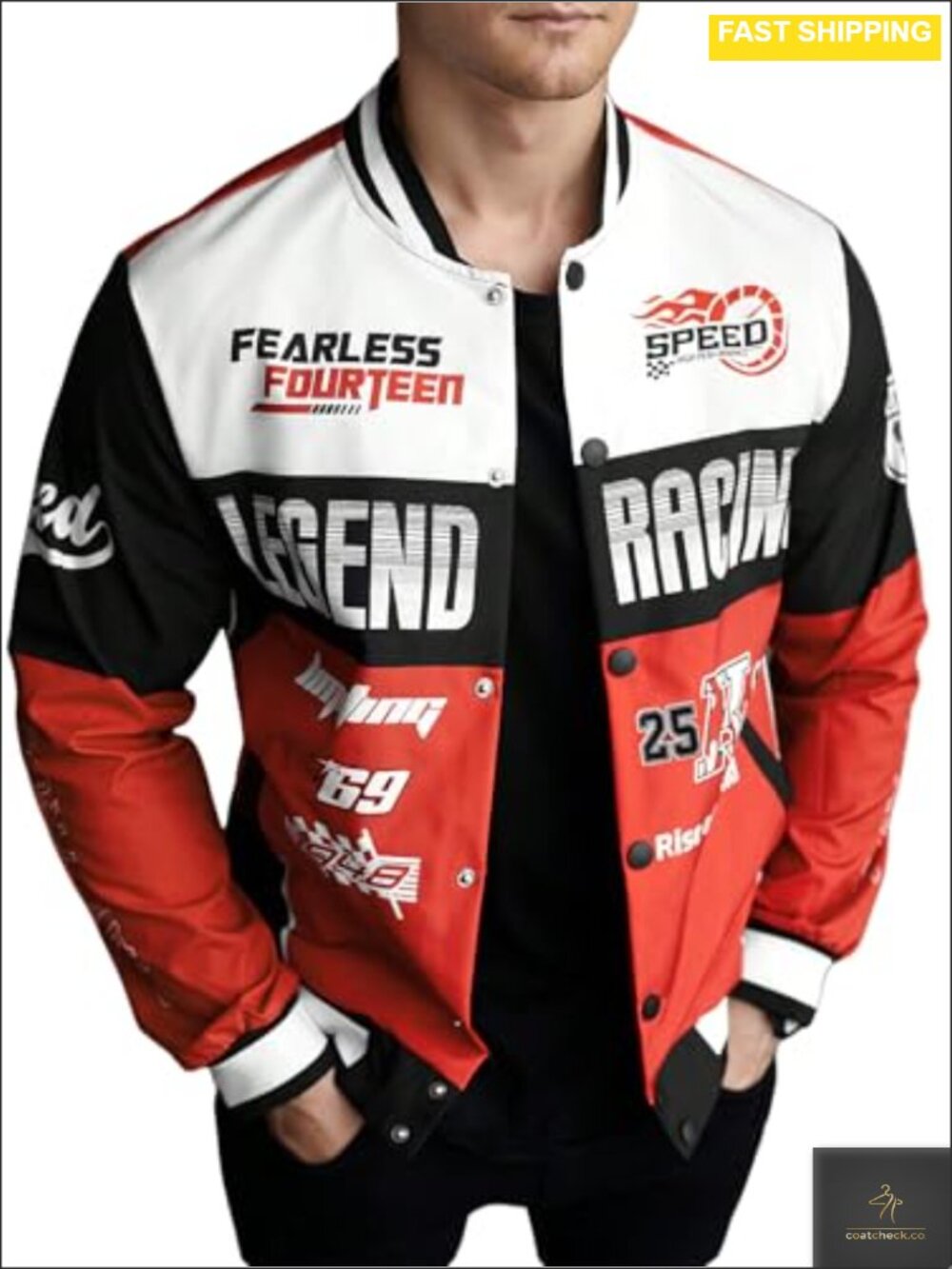 Mens Button Down Graphic Varsity Racing Motorcycle Jacket Long Sleeve